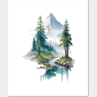 Trees and mountain with river Nature illustration Posters and Art